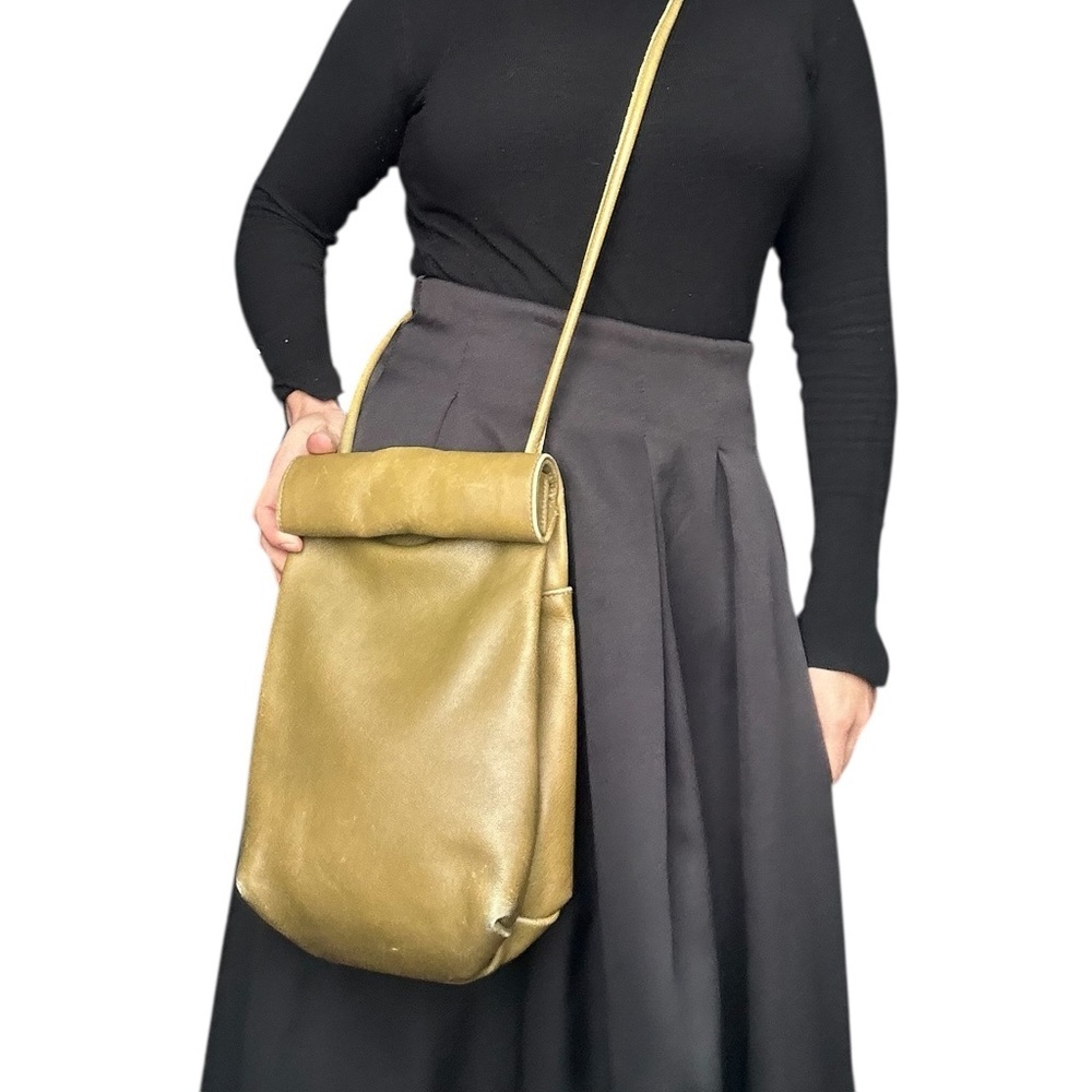 Olive green - Leather crossbody bag with external pocket